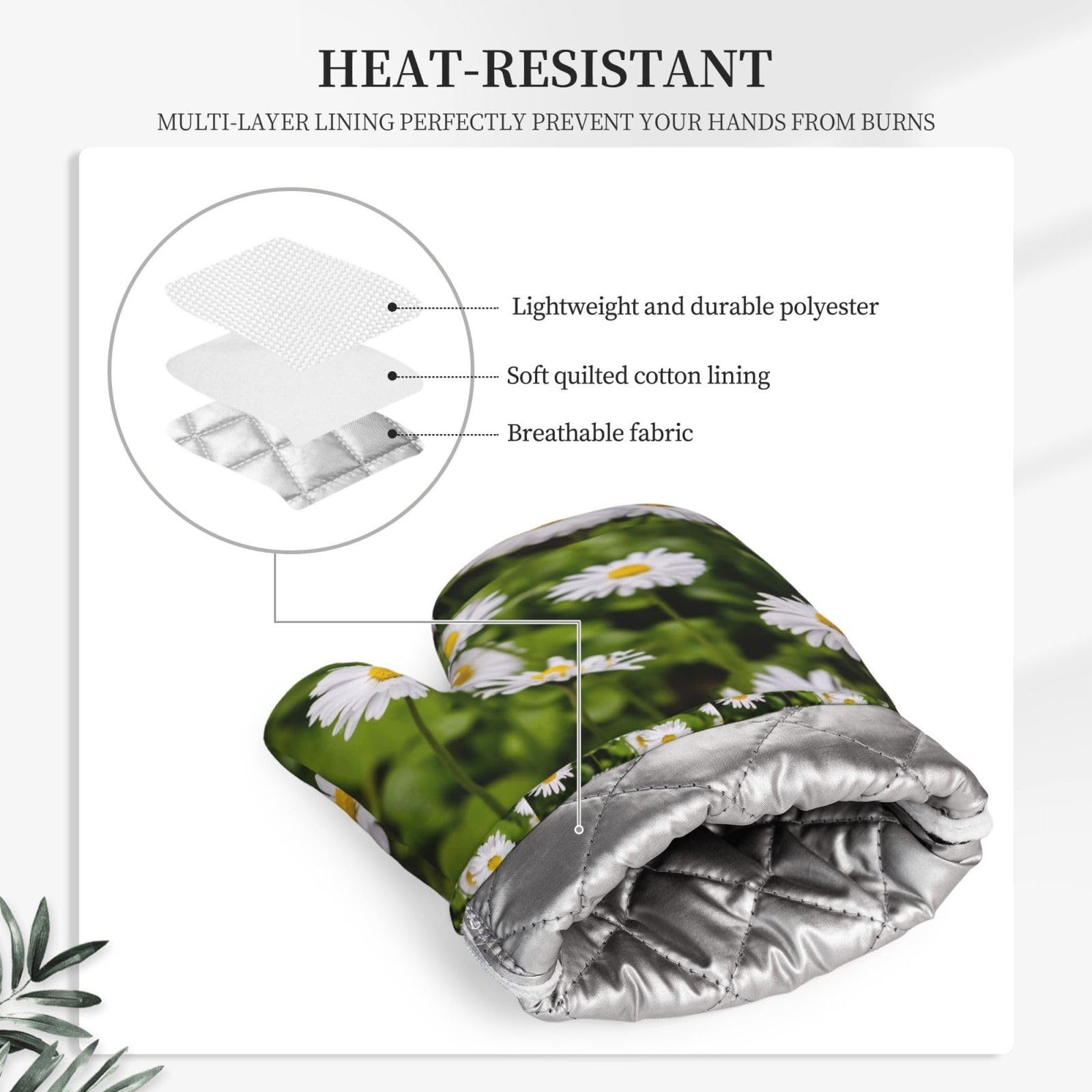 Juego de Cuatro Piezas de Guantes y Manoplas Resistentes al Calor para Hornear, Guantes de Cocina Antideslizantes, Manoplas para Horno de Cocina, con Estampado de Margaritas Brillantes.