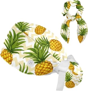 FVQL 2 Pieces Surgical Cap for Long Hair Scrub Cap with Hairband Nurse Cap, Graphic and Pineapple Seamless Fruit