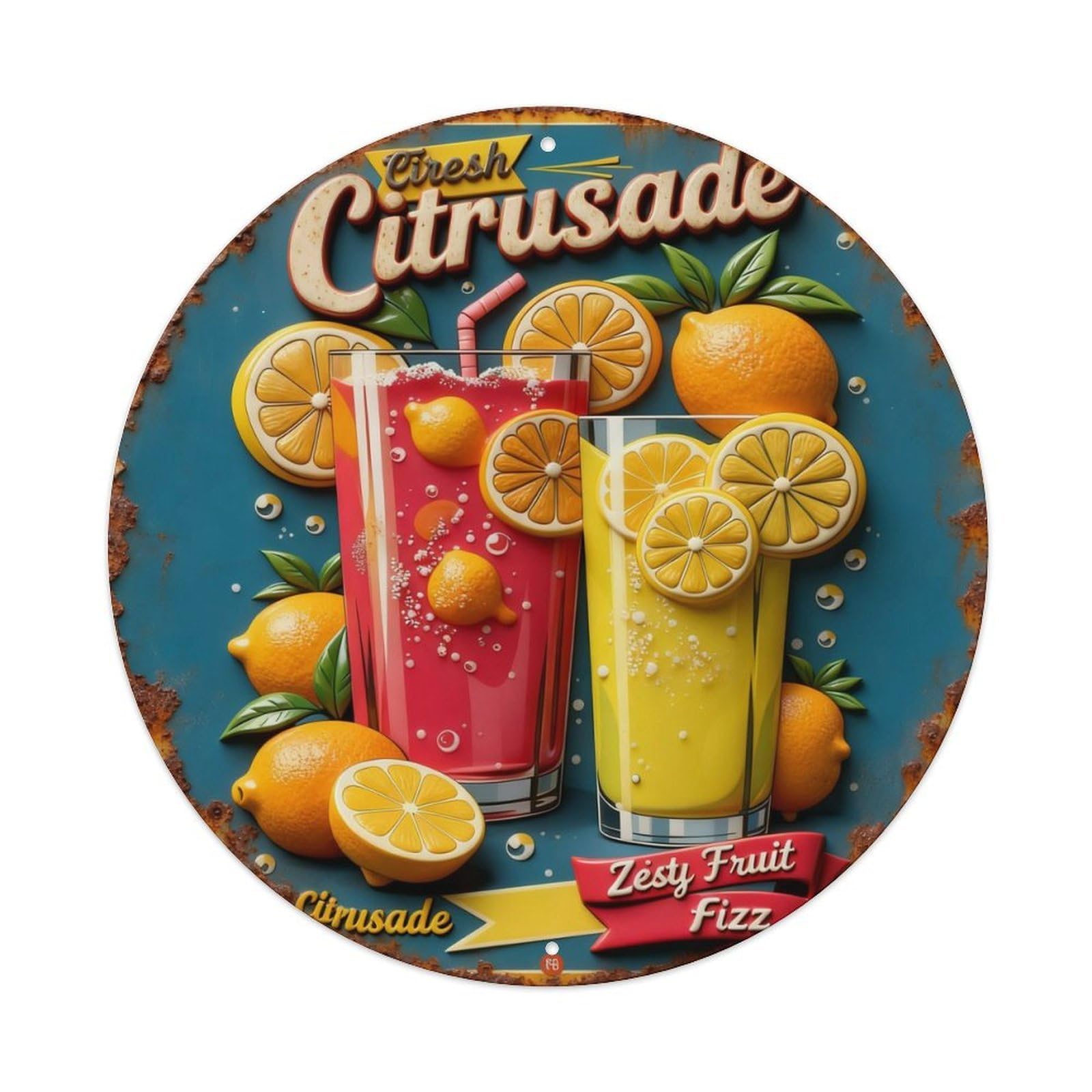 Fresh Lemonade Juicy Fruit Bubbles Round Metal Tin Sign Vintage Wall Decor, Bar Garage Cafe Kitchen Home Wall Art Poster 8x8inches