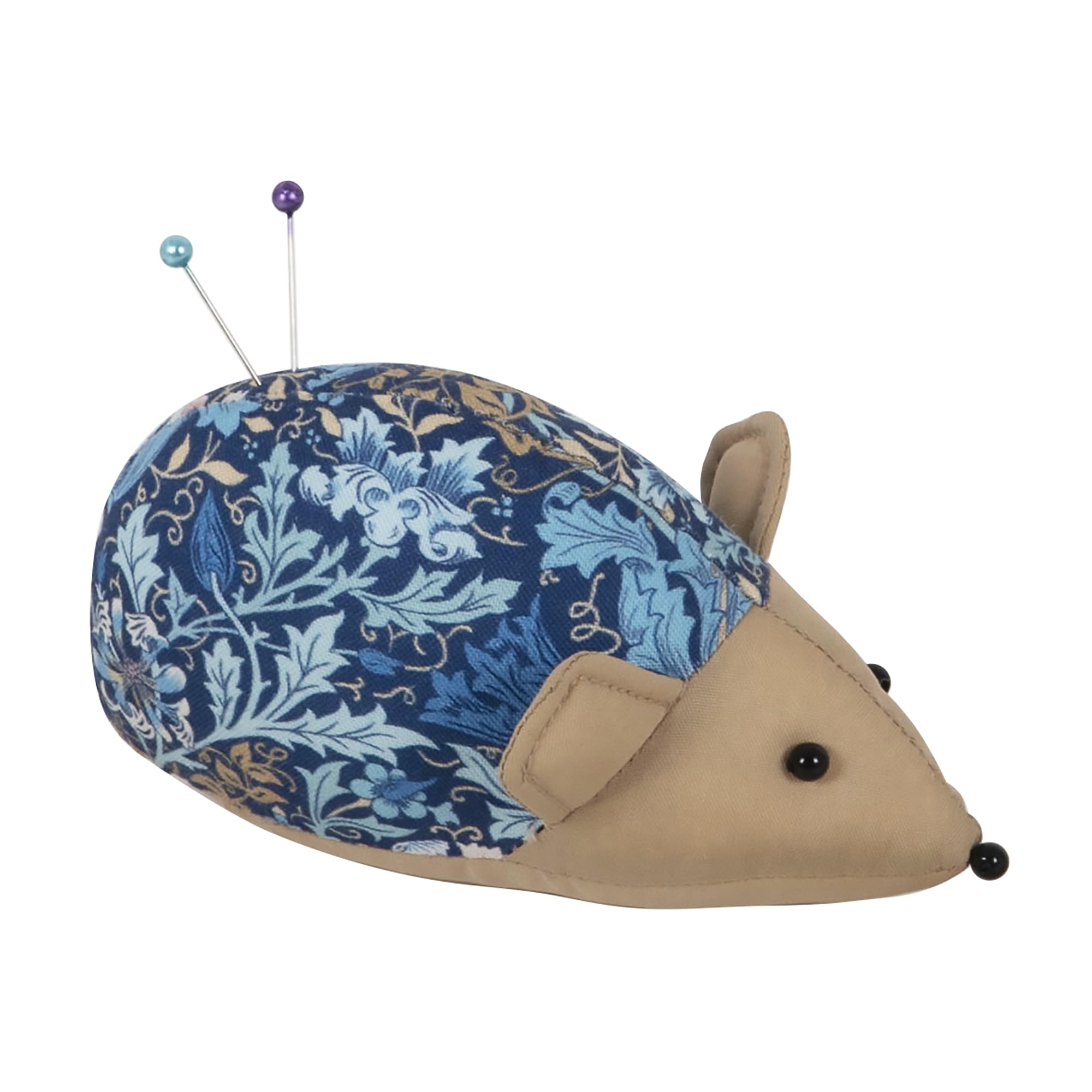 Hobby Gift Hedgehog Pincushion – Cotton Fabric with Classic Woodblock Floral Print, Arts & Crafts Inspired Sewing Novelty Tabletop Pin Holder 12 x 4.5 x 6cm