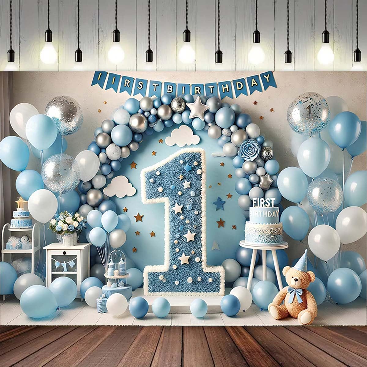 Pancarta de feliz primer cumpleaños con globos de aire caliente para niños de un año de edad, pancartas de pastel para recién nacido, primer cumpleaños (B, 7 x 5 pies)