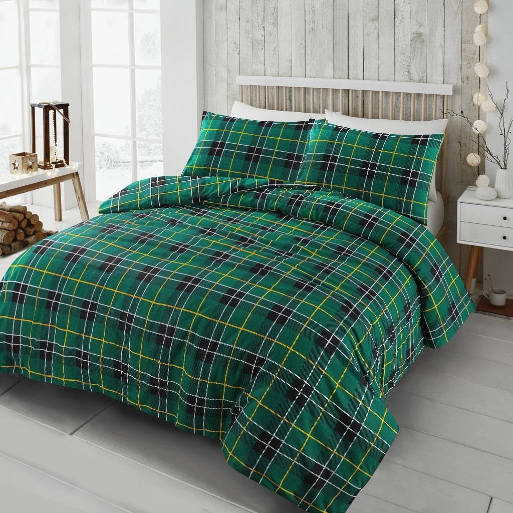 Kampala Hill Flannelette Tartan Check Brushed Cotton Duvet Cover Set Green Bedding Set King