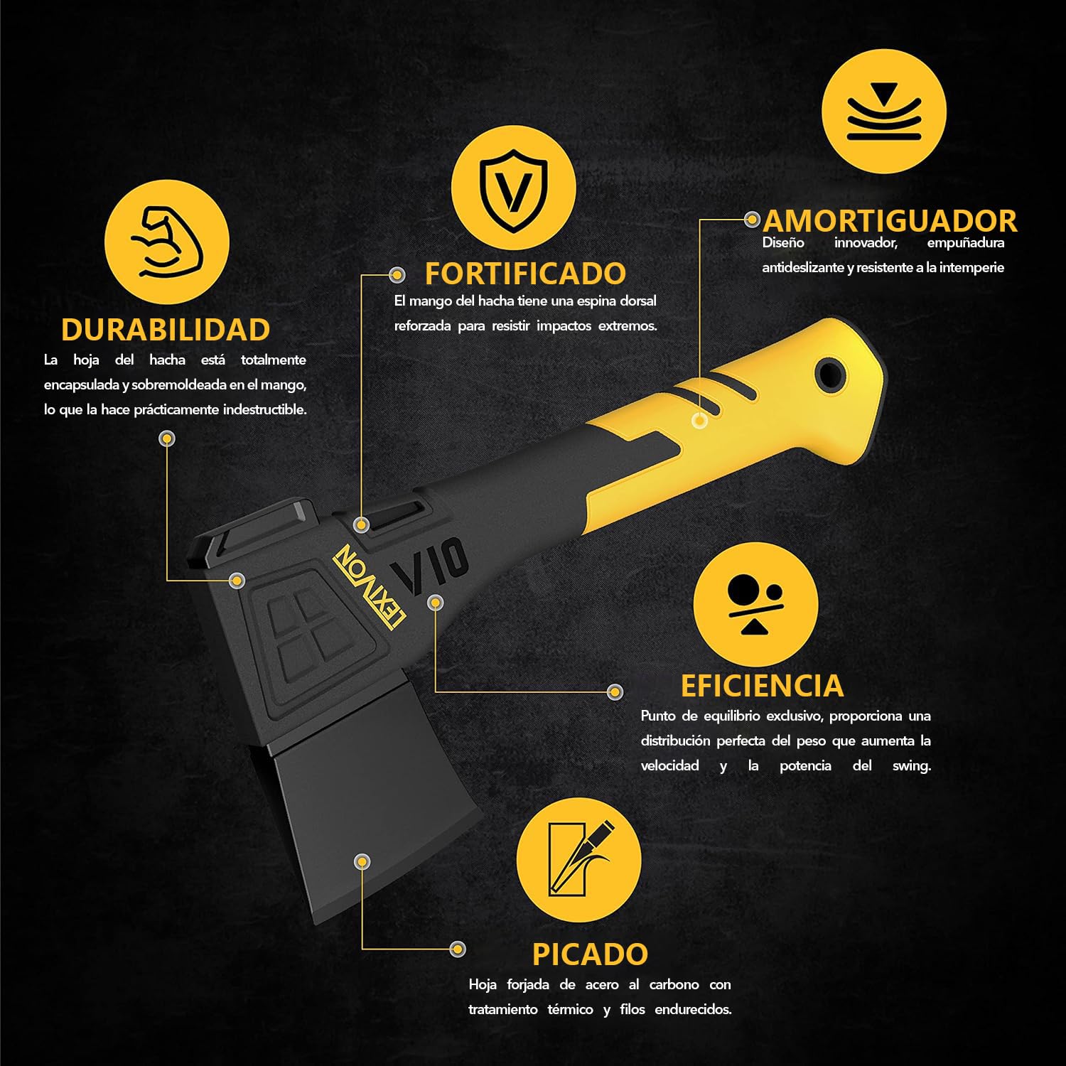 LEXIVON V10 Hacha de Camping de Longitud: 25 CM | Agarre ergonómico TPR, Mango Compuesto Ligero de Fibra de Vidrio | Funda Protectora incluida (LX-V10)