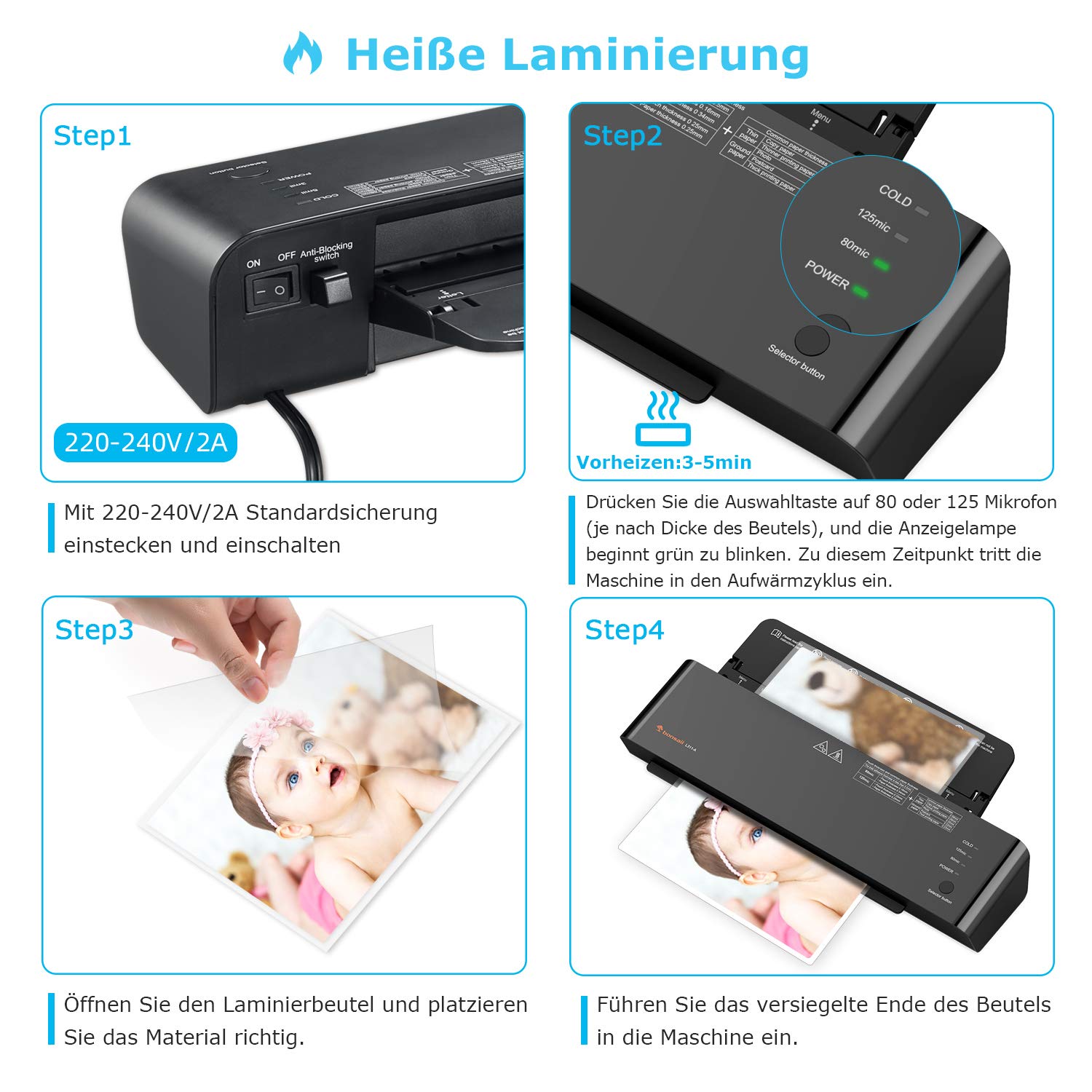 Bonsaii Laminator do DIN A3/A4/A5 80mic 125mic zestaw do laminowania na gorąco i zimno, 4 w 1, z 25 foliami do laminowania, nożykiem do papieru i przecinakiem rotacyjnym, do użytku domowego, do biura nauczyciela, czarny (L311-A)