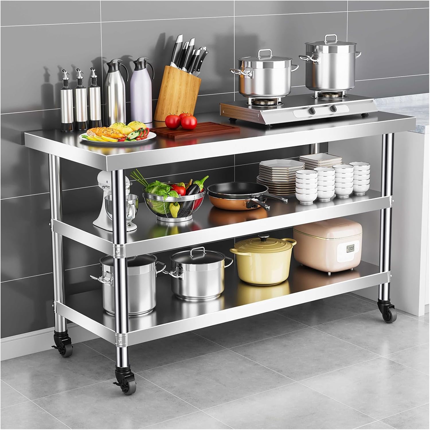 Thickened Stainless Steel Work Table Kitchen Cutting Table with Movable Brake Wheels Folding Design That Does Not Hurt Your Hands