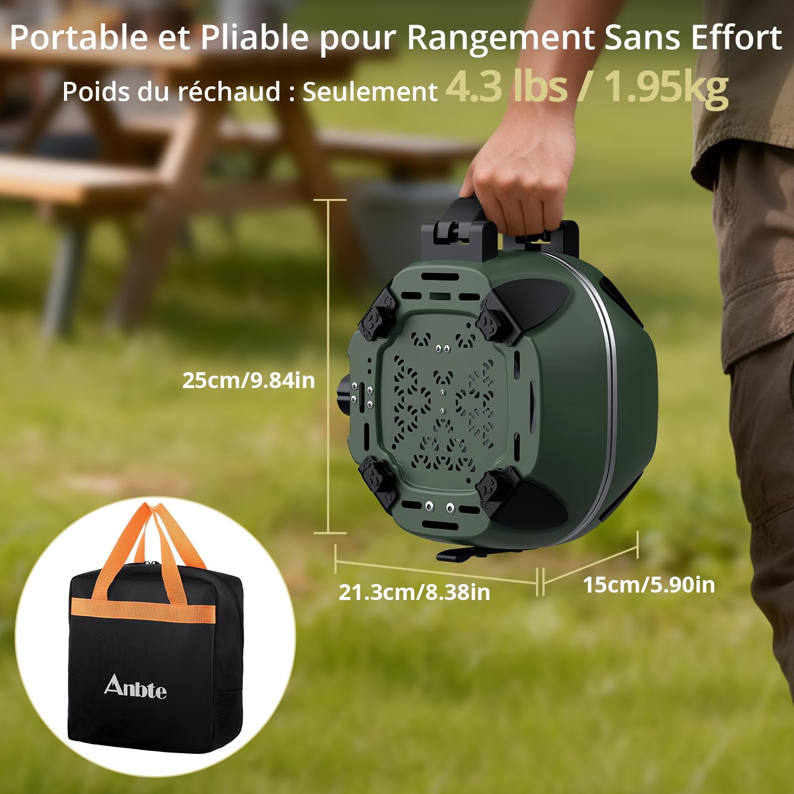 Anbte Réchaud Gaz Pliable Double Brûleur Vert 20000 BTU | Léger Compact, Allumage Piézo, Compatible Isobutane, Sac de Rangement, Adapté Camping Voiture, Caravane et Randonnée