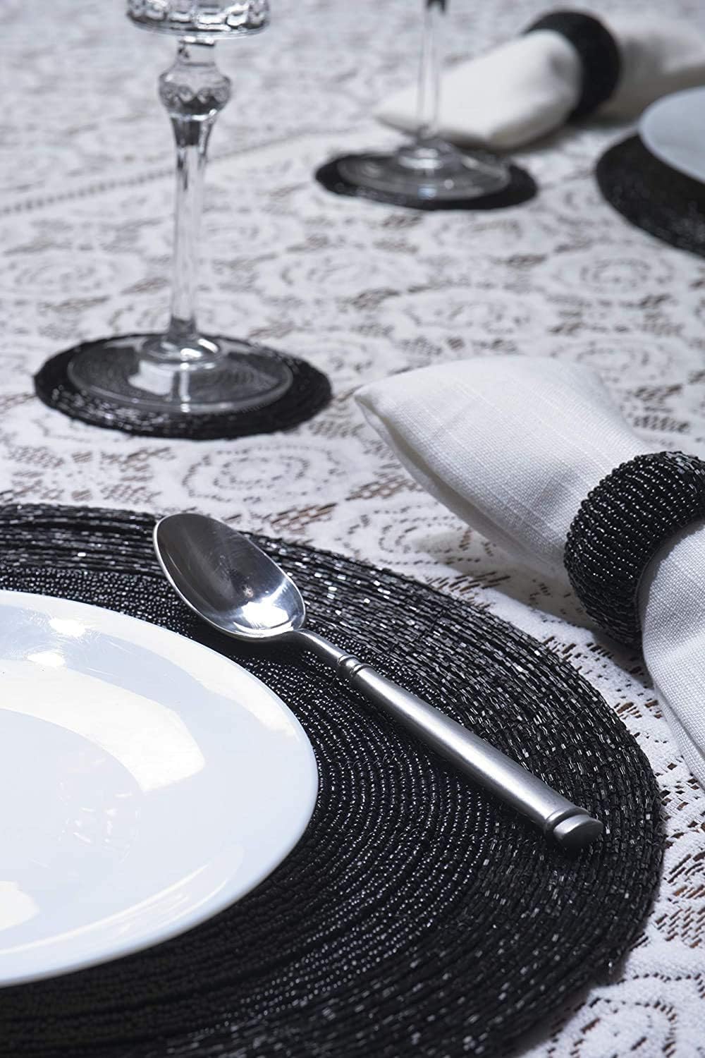 Penguin Home Set van 12 glazen kralen Placemats, Onderzetters en servetringen - Blauw en Wit Kleur - Ronde Placemats - Handgemaakt door bekwame Indiase ambachtslieden - Diameter - 32 cm (13