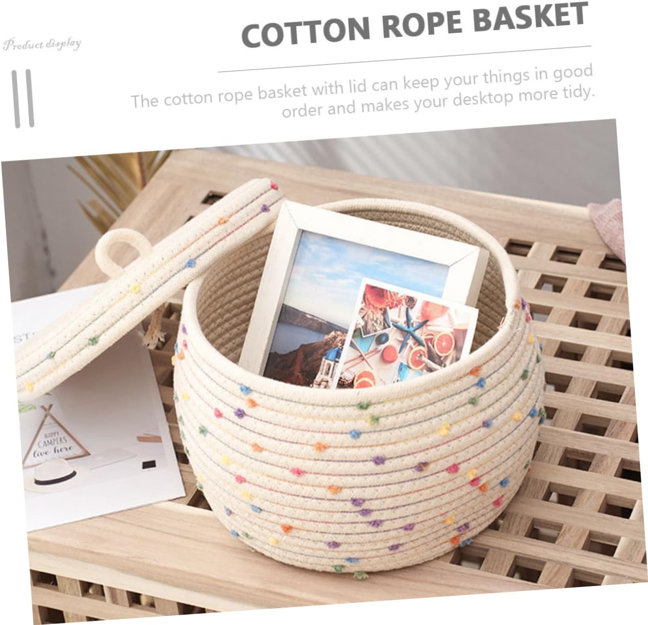 VOSAREA Hand Woven Cotton Rope Basket with Lid Stylish Desktop Organizer for Kitchen and Home Storage and Versatile Sundry Container for Eggs and Snacks