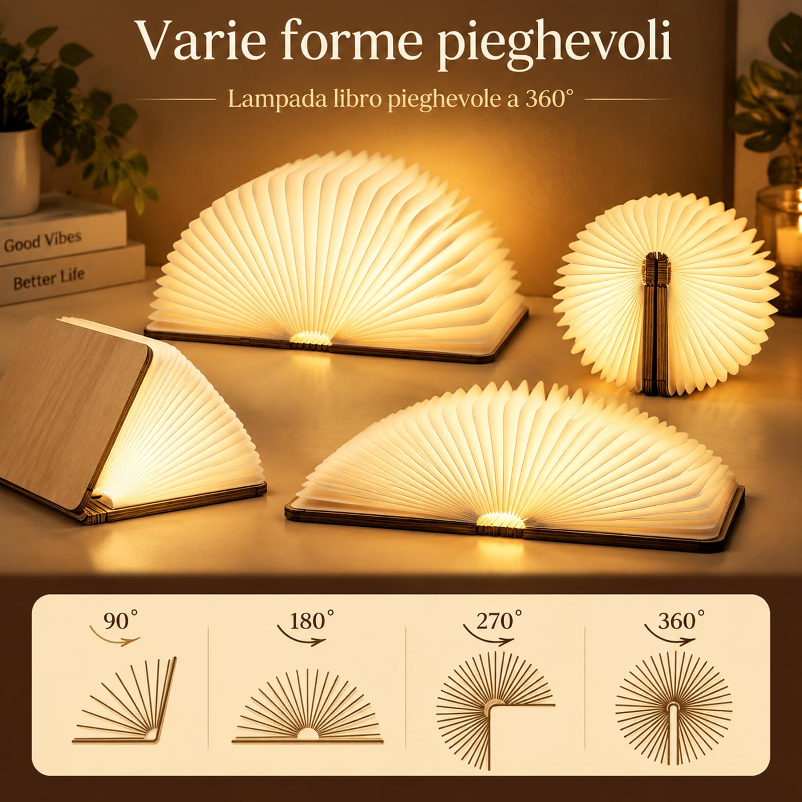 Doni Bomboniere 1 pièce Lampe livre en bois pliable veilleuse portable rechargeable USB lampe de table magnétique design élégant maison bureau décoration (MOD. 04-16,5 x 12,5 x 2,5 cm)