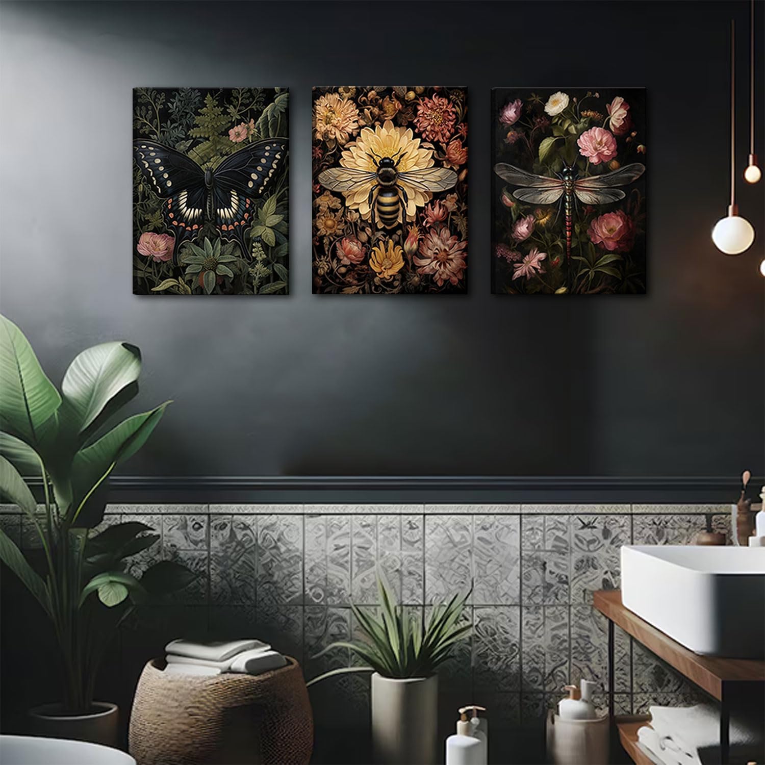 3pcs Framed Dark Floral Plant Canvas Wall Art Vintage Insect Bee Dragonfly Butterfly Wall Decor Pictures Moody insect Posters Prints for Gothic Dark Academia Aesthetic Decoration 12x16in