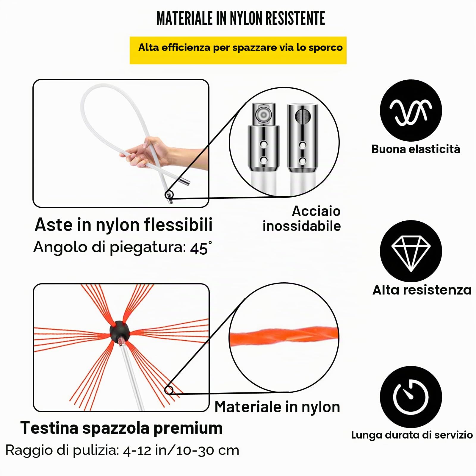 VEVOR Spazzacamino da 8M con 8 Canne in Nylon per Pulizia Camino Stufa Uso Domestico, Set Spazzole per Camino Stufa Kit Pulizia Camino Spazzola Camino Facile da Collegare con 8 Aste con 2 Testina