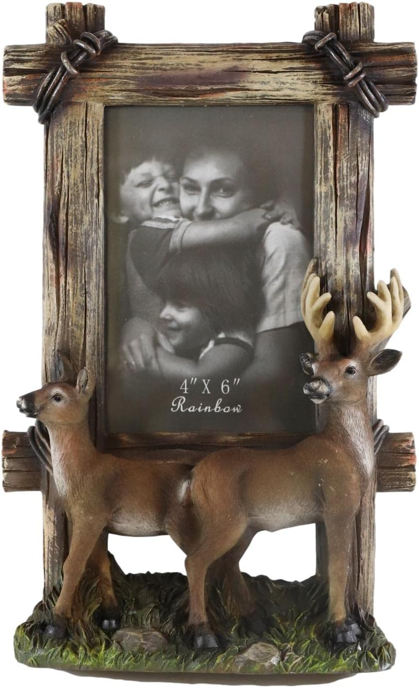 Ebros Gift Country Rustic Wildlife Buck Deer Stag Antlers by Barbed Wire Wooden Farm Fence Easel Back Picture Frame for 4"X6" Photo Hunters Does Deers Fawns Antler Racks Cabin Lodge Cottage Accent