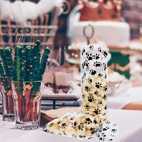 Miniatura 7 de 150 bolsas de celofán transparentes con estampado de patas, bolsas de regalo para mascotas con 150 lazos giratorios para suministros de fiesta