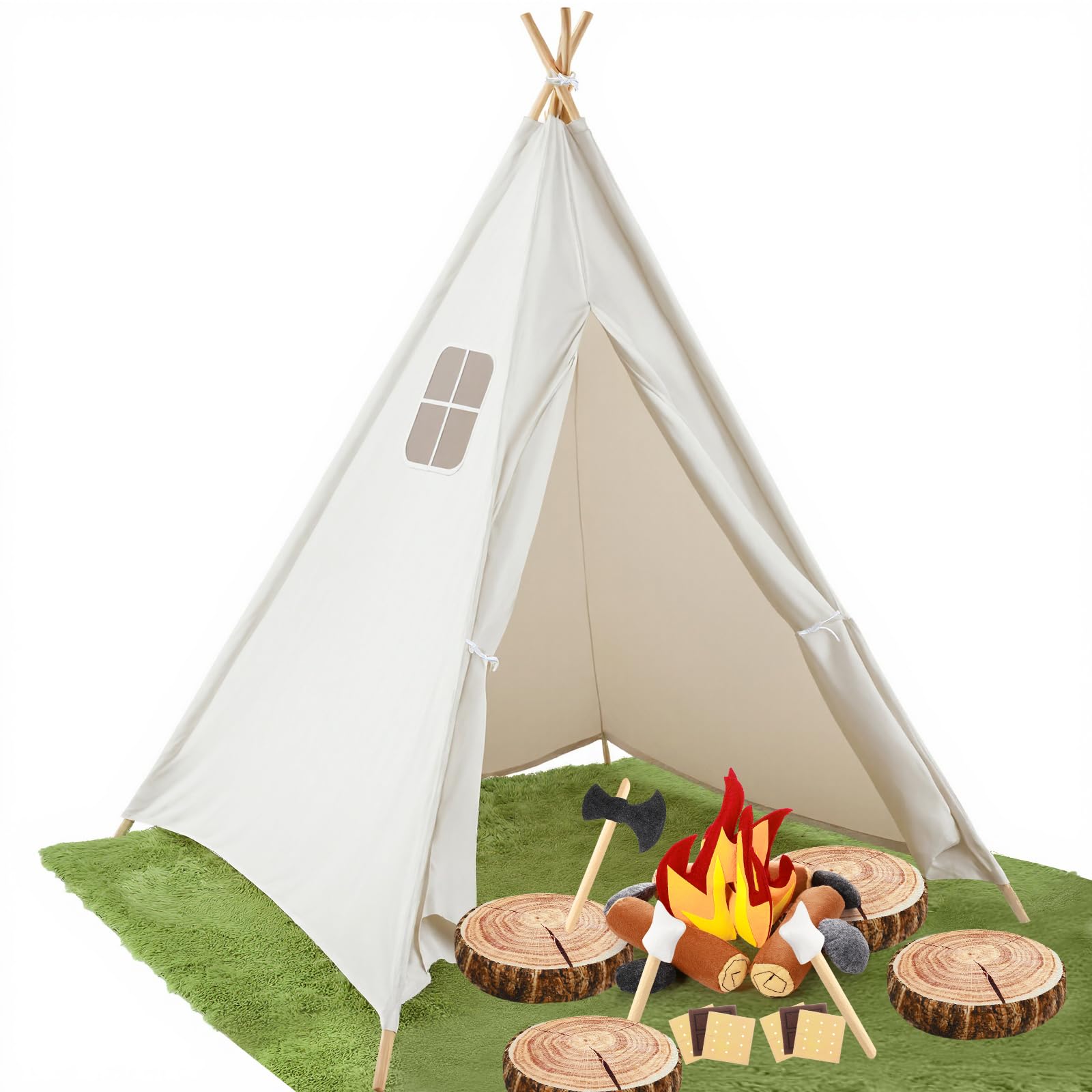 Kigley 27 Pcs Pretend Camping Play Set Includes Kid Teepee Beige Indoor Play Tent Felt Campfire Toys Wooden Print Throw Pillow Floor Cushion Fluffy Carpets for Boy Girl Adult Dramatic Play Decoration