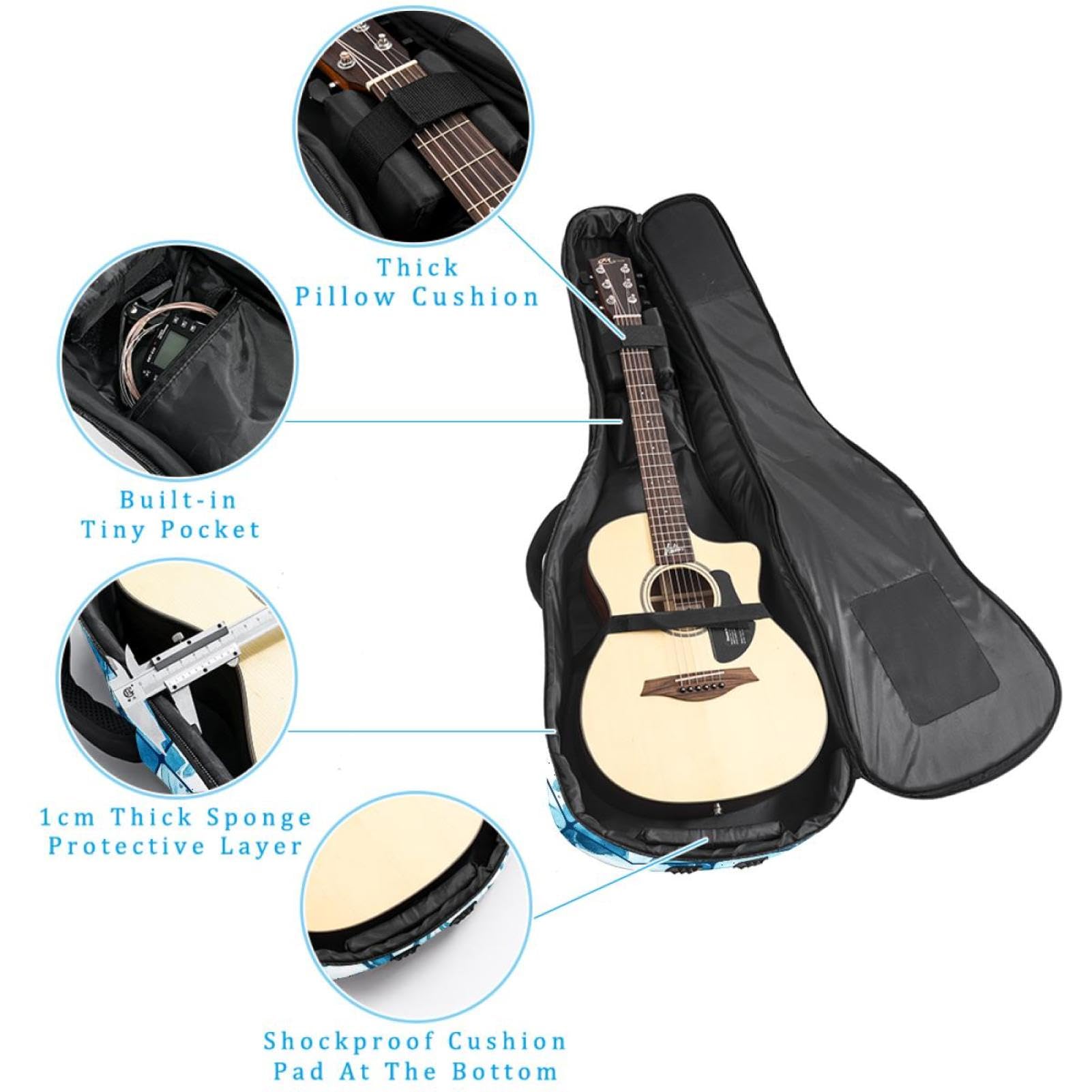 Teal Blue Geometric Pattern Acoustic Guitar Gig Bag, 1 cm Thick Padding Waterproof Guitar Case Backpack with Dual Adjustable Shoulder Strap for 40-42 Inch Guitar