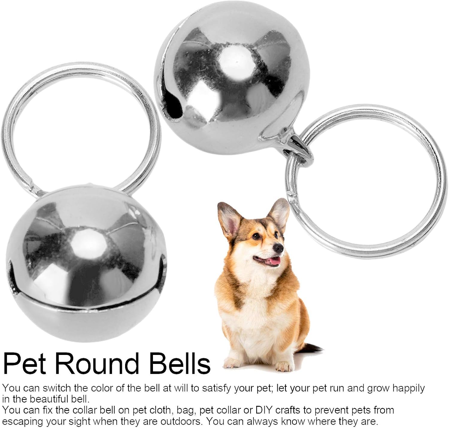 Campanelli Rotondi per Animali Domestici, robusti campanelli in Rame Resistenti alla corrosione cromati con Portachiavi per Esterno per Cani(Silver)