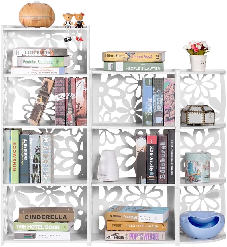 Finether 3-Shelf Shelving Unit, Modular Flower Cut-Out White Wooden Plastic Composite 3 Tier Shelving Unit Storage Shelf Bookcase Display Shelf for Shoes Books Toys Bedroom Living Room Kitchen Office