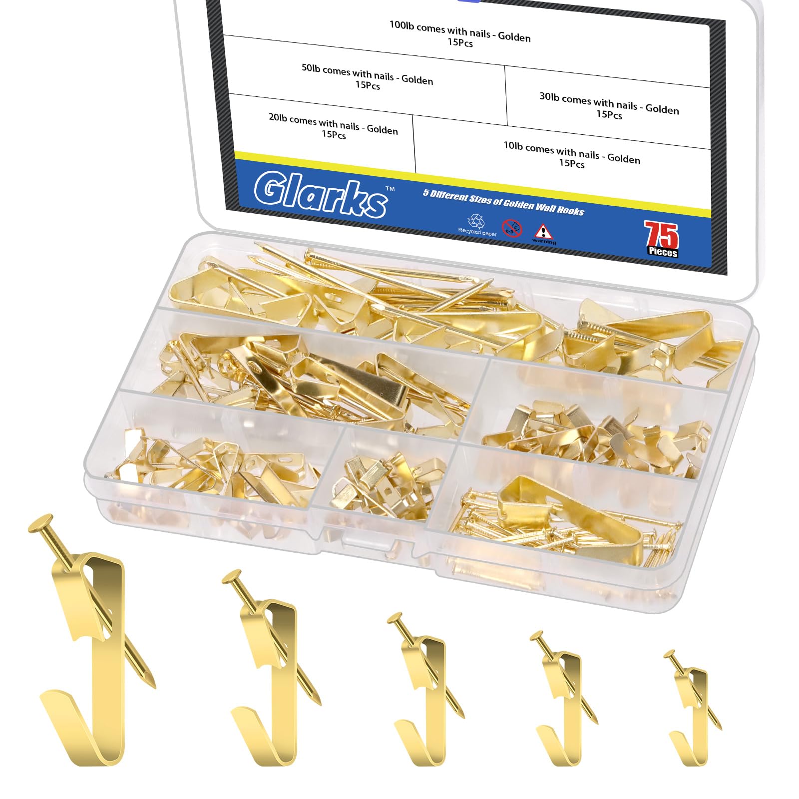 Glarks 75pcs 10lb/20lb/30lb/50lb/100lb Picture Hangers Hooks with Nails Kit, Golden Picture Photo Hanging Hooks with Nails