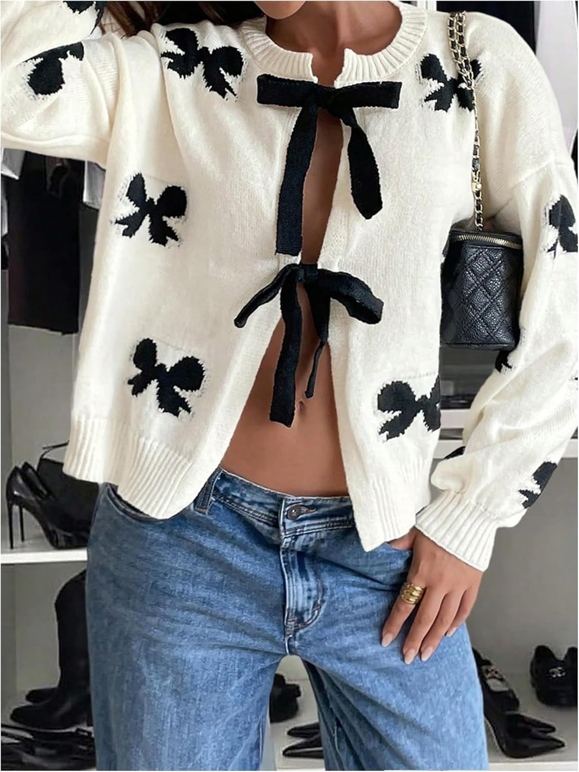 SHENHE Women's Tie Front Bow Cardigan Sweater Crew Neck Loose Fit Coquette Knit Sweater - Image 2