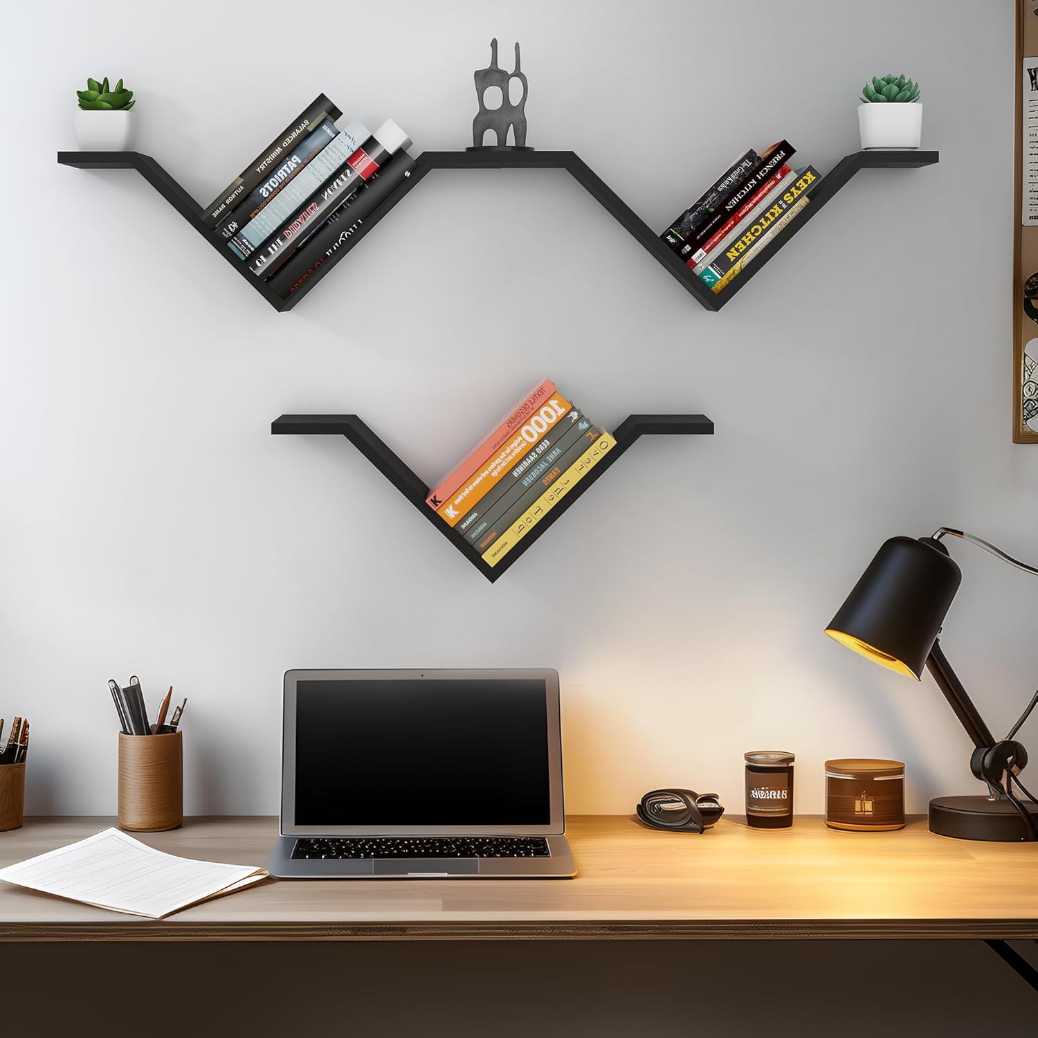 Book Shelf for Wall Set of 2, Modern Hanging Bookshelf Wall Mounted Desktop Book Shelves Black Organizer for Bedroom Livingroom Office