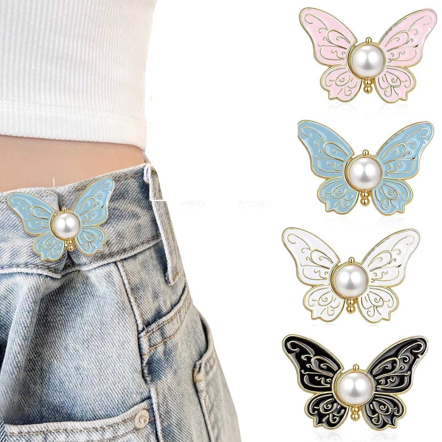 (2 pcs Butterfly Jeans Clip, Decorative Pearl Center Waist Buckle, Enamel Wing Design, Gold Tone Metal, 3.5cm x 2.45cm