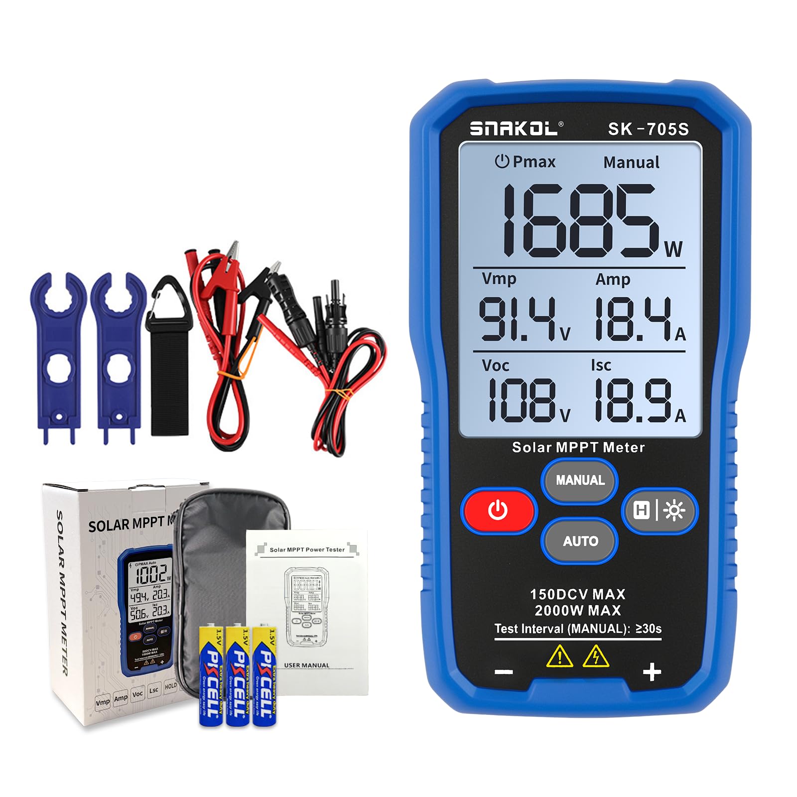 SK-705S Testeur MPPT Solaire pour Modules Photovoltaïques – 2000 W, 150 V DC Max, 35 A, Mesure Automatique et Manuelle de la Puissance, Voc Isc Vmp Pmax, Écran LCD 3,2", Testeur PV Portable