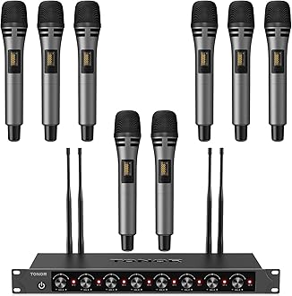 TONOR Wireless Microphones System with 8x12 Channels Cordless Handheld Microfono Inalambrico, 90 m/295FT UHF Range, Mics with Stable Signal, Quick Mute for Karaoke Singing Party Church Wedding