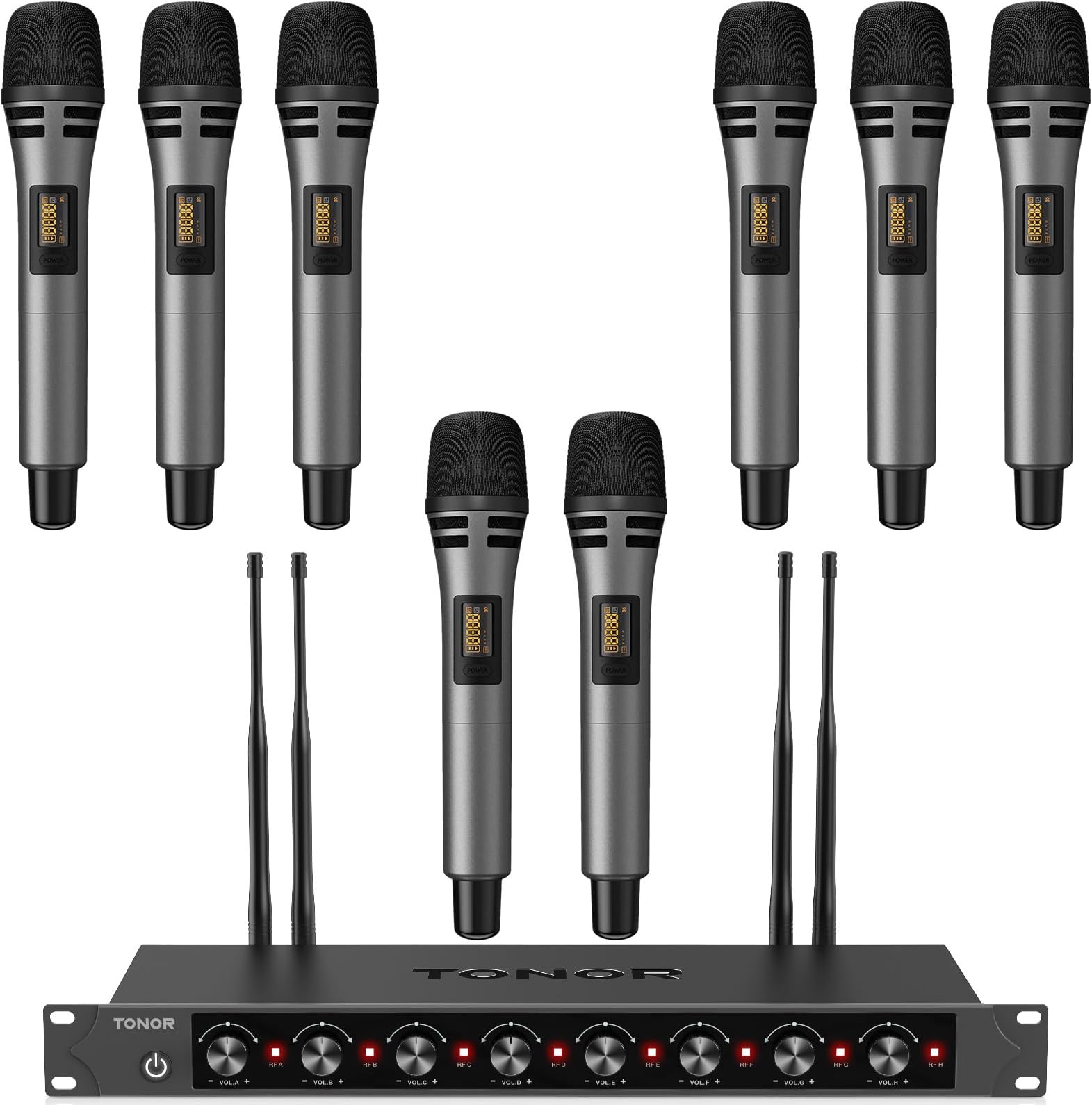 Wireless Microphones System with 8x12 Channels Cordless Handheld Microfono Inalambrico, 90 m/295FT UHF Range, Mics with Stable Signal, Quick Mute for Karaoke Singing Party Church Wedding