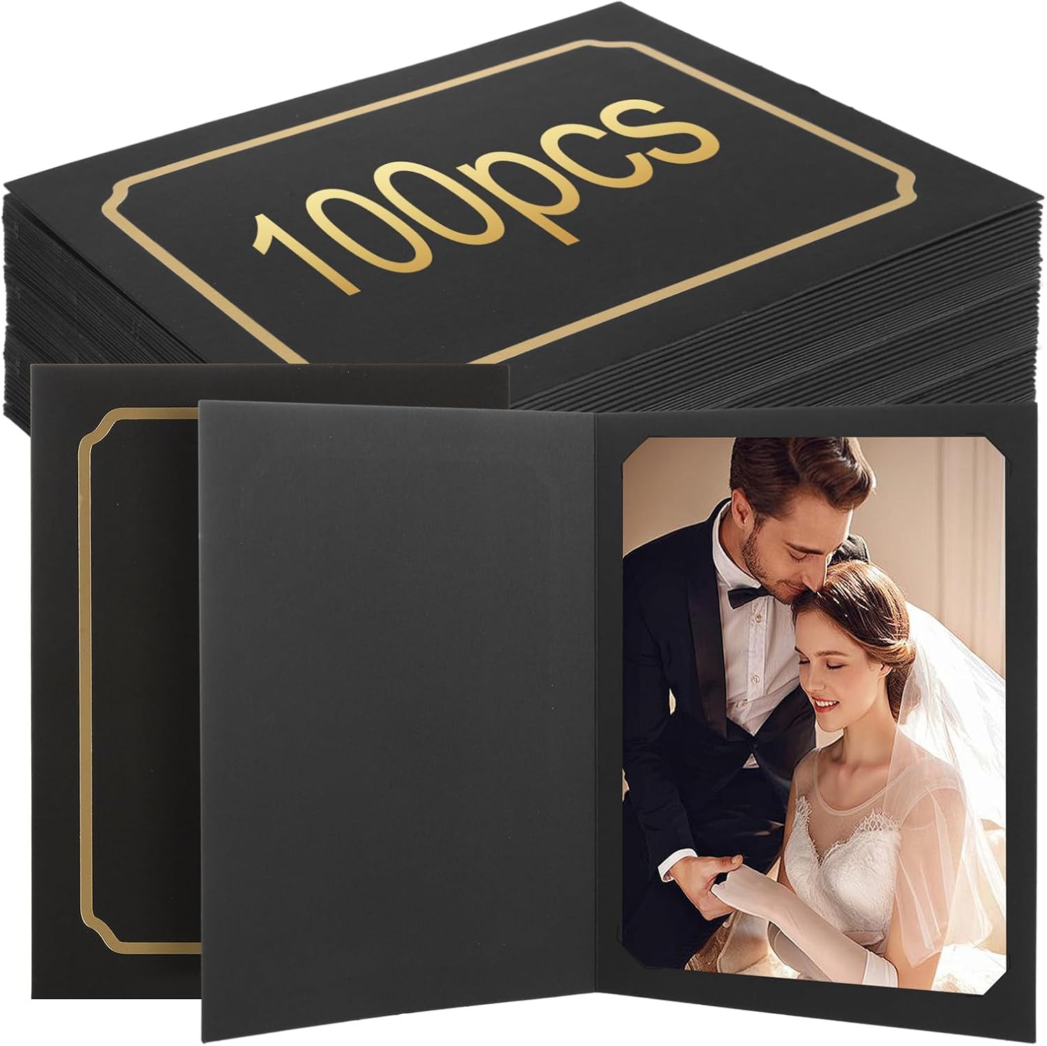 100 Pcs Photo Folders for 4x6 or 5x7 Paper Picture Frame, Black Cardboard Paper Photo Frames for Greeting Cards Inserts, Portraits, Christmas, Wedding, Graduation