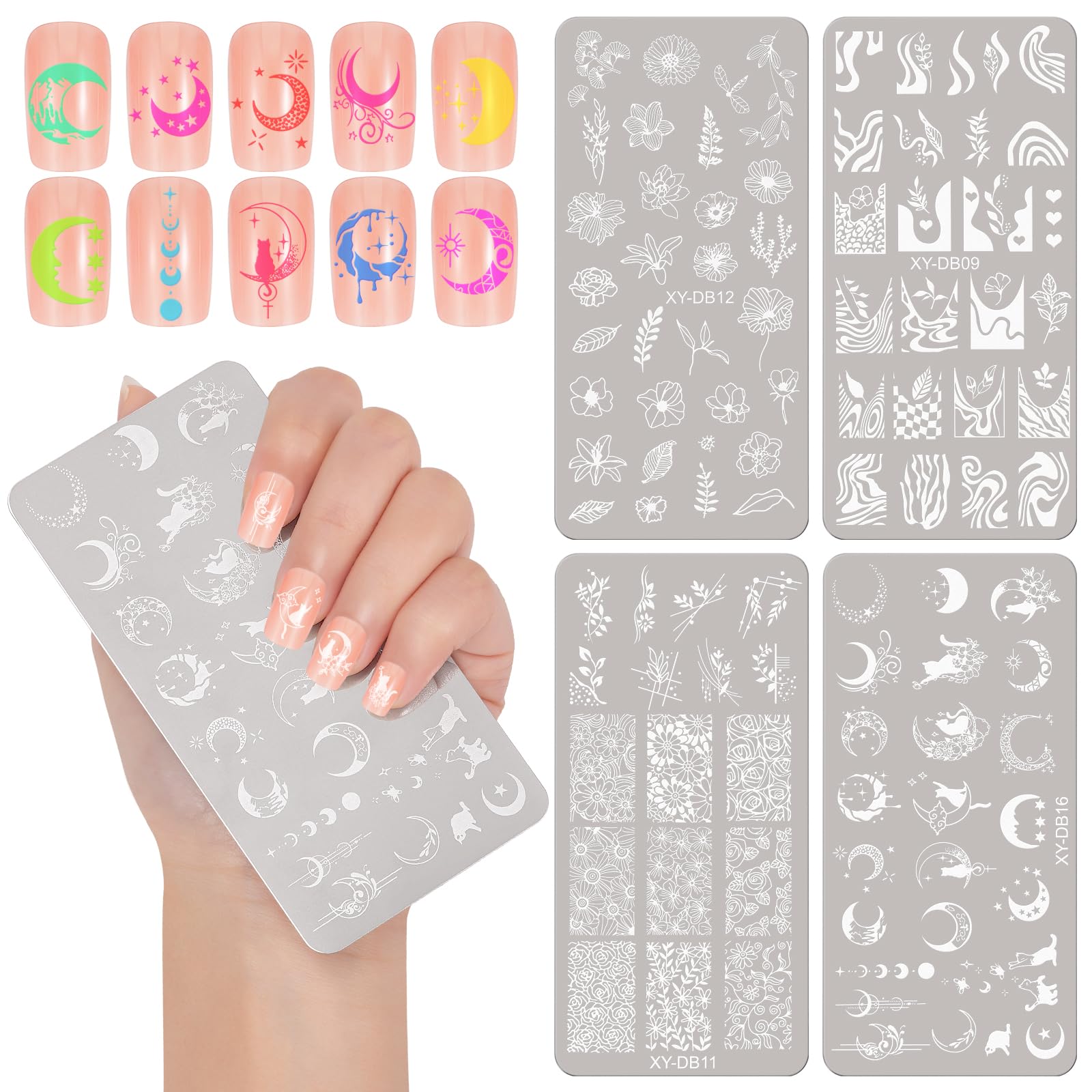 MWOOT 4 Pezzi Stamping Nail Art, Linee Fiore Foglie Luna Gatto Stencil Unghie Nail Art, Unghie Piastre French Manicure Nail Piastra, Unghie Timbro Scraper Piatti Templates per Decorazione Unghie