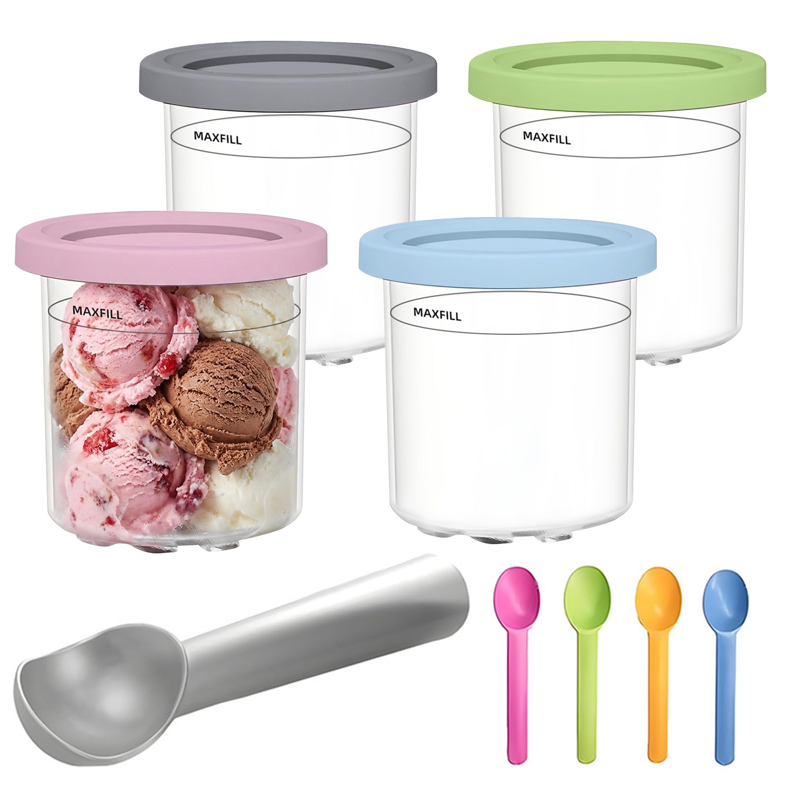 XMSHYODSM 4 Pack Ice Cream Tubs Compatible with Creami NC300UK NC300UKCP NC301 NC299AMZ Series, Creami Tubs 16 oz Pint Containers with Lid & Stainless Steel Scoop