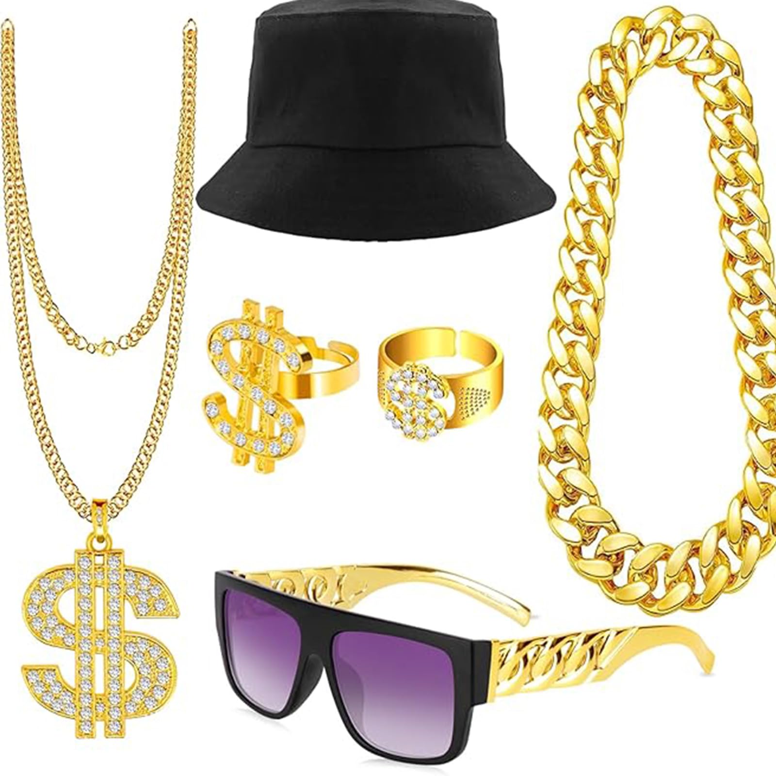 6pcs Hip Hop Costume kit, 80s 90s Hip Hop Fancy Dress for Women, Rapper Fancy Dress Accessories with Disco Gold Dollar Sign Necklace Bracelet Rings Earrings Sunglasses for Women Men Hippie (Style 3)