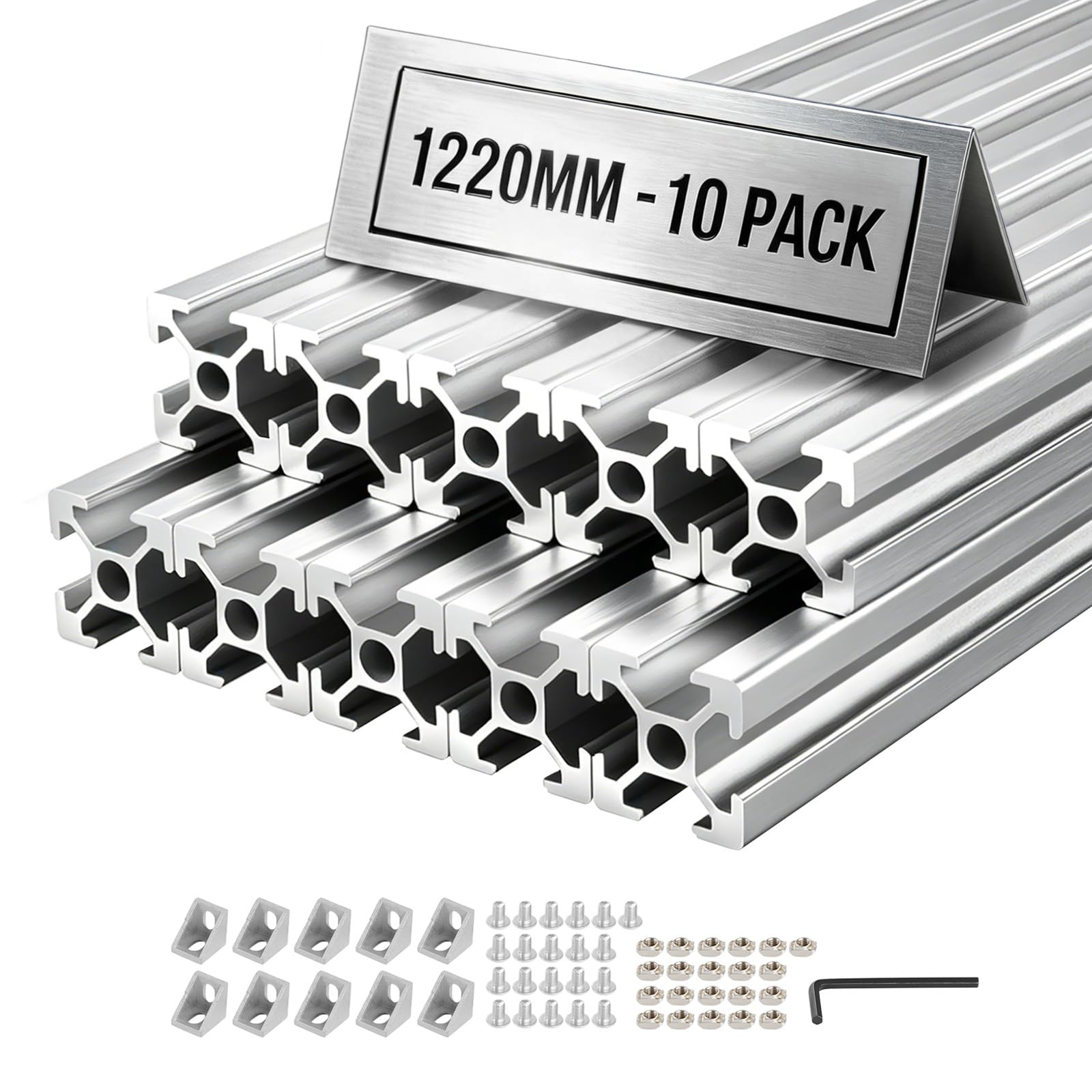 VEVOR 2020 Aluminium Profile 10 Stk. 122 cm, Eloxierte T-Nut-Aluprofile nach EU-Standard, Hochfestes Strangpressprofil, Aluminiumschiene für 3D-Druckerteile, CNC-DIY-Werkbänke und Montage, Silber