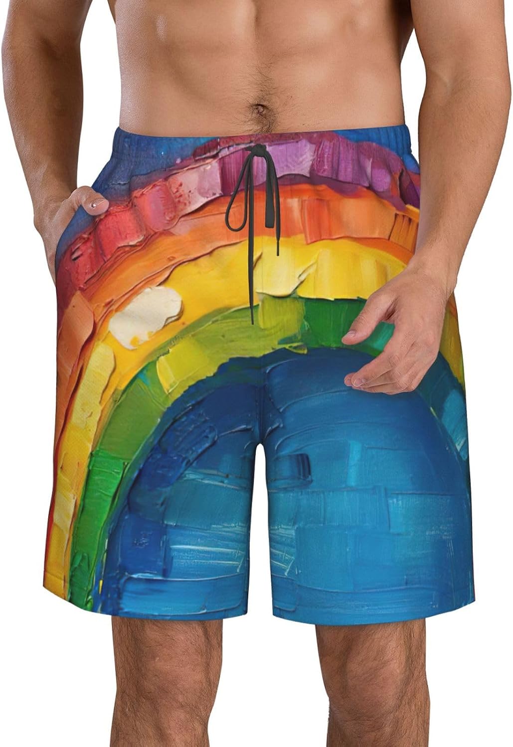 Small Rainbow Print Men's Quick-Drying Shorts Casual Beach Pants Stretch Waist Shorts and Pockets