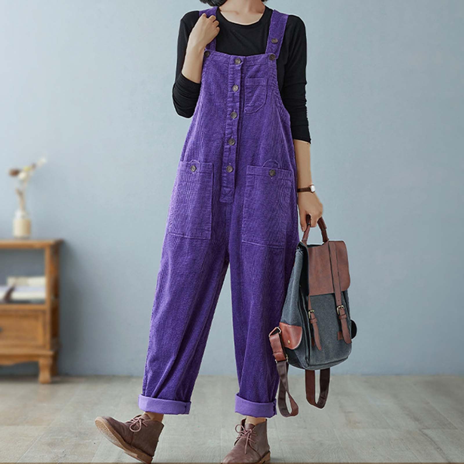 Generisch Warme Corduroy Overalls for Damen Loose Fit Adjustable Straps Long Bib Pants Wide Leg Jumpsuits with Pockets Frauen Normale Lockere Passform Cord Hosen Lässigbaggy Overall