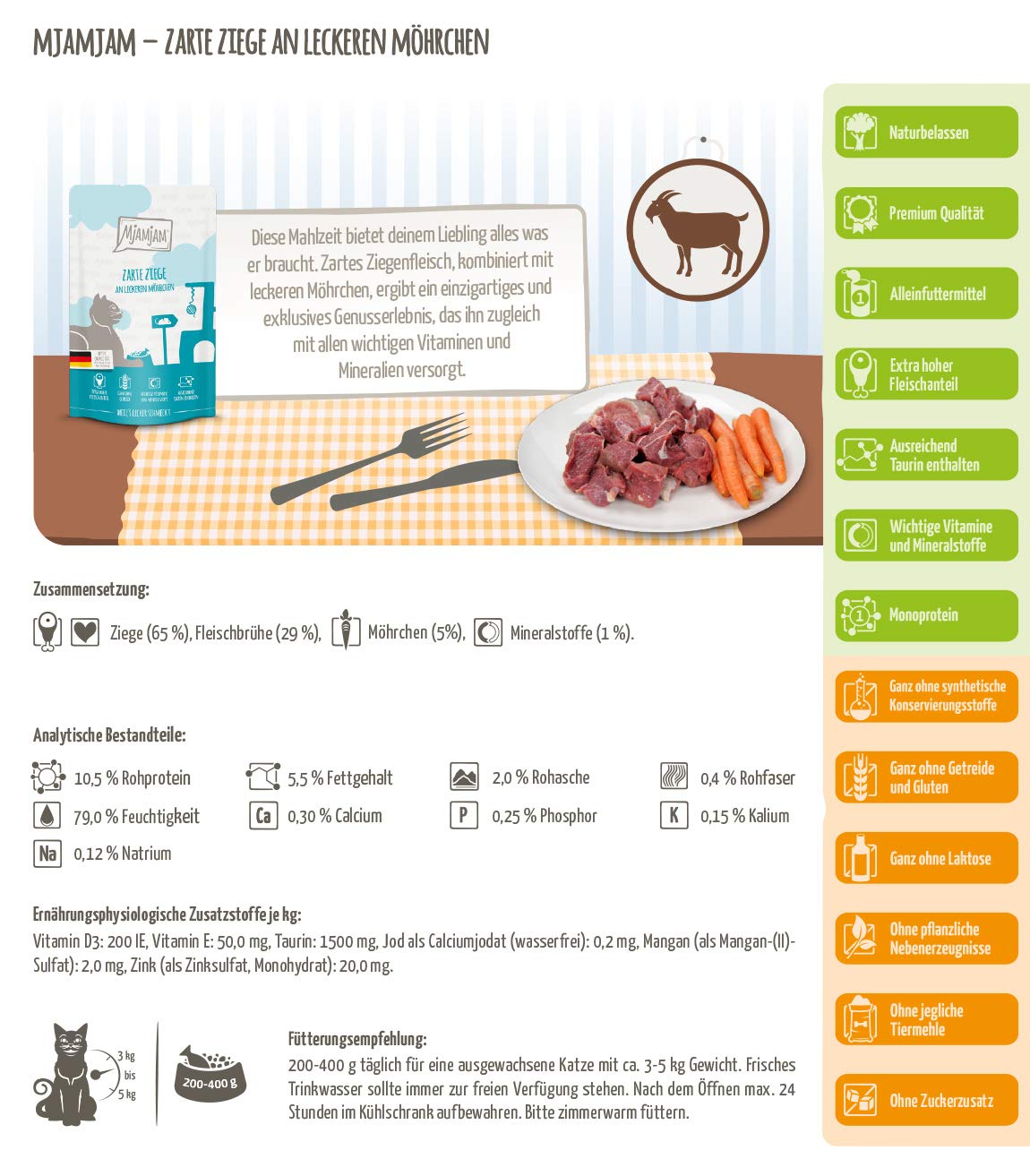 MjAMjAM - cibo umido premium per gatti - Quetschie - tenera capra con deliziose carote, confezione da 12 (12 x 125 g), senza cereali con carne extra