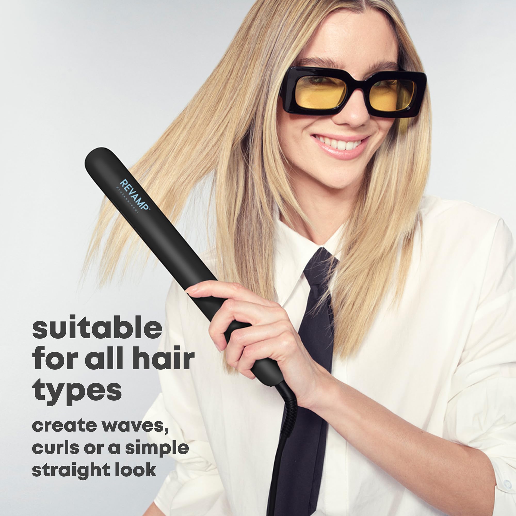 REVAMP Piastra per capelli Progloss Ion Shine in ceramica, con tecnologia agli ioni anti-crespo e oli leviganti Progloss di cheratina, argan e cocco, impostazioni di calore variabili, finitura nera