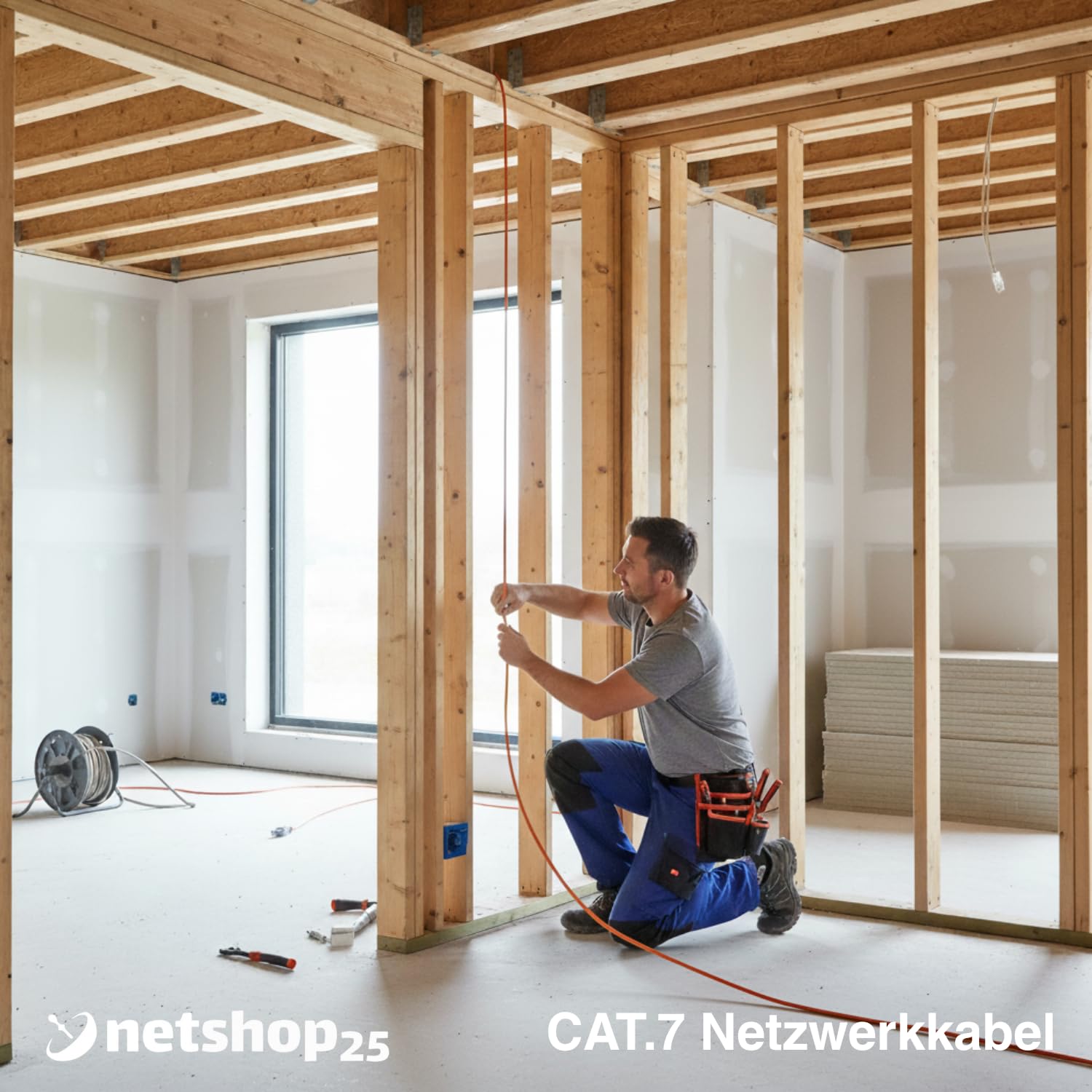 CAT.7 Netzwerkkabel 100m Verlegekabel REINES KUPFER - LAN Kabel S/FTP PiMF LSZH Halogenfrei RoHS Ethernet Cable Datenkabel Installationskabel PoE 10Gbit/s RoHS konform (Orange) + ABISOLIERER