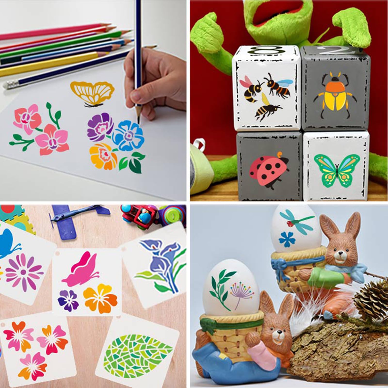 Lot de 64 pochoirs réutilisables 7,6 x 7,6 cm pour peinture plastique bricolage motifs fleurs feuilles