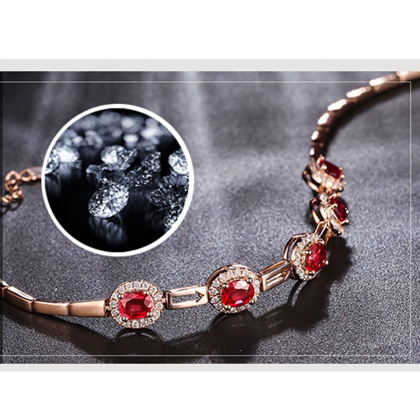Pulsera para Mujer de Oro Rosa 9 Kilates / 14 Kilates / 18 Kilates, Oval con Rubí y Diamante, Cadena Extensible 16 CM + 5 CM, Pulseras de Oro Rosa de Mujer