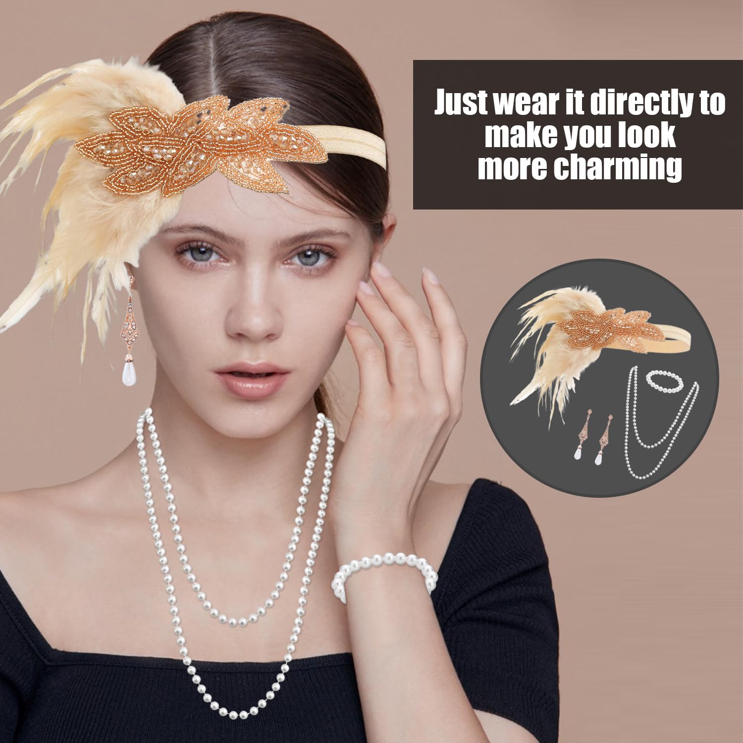 CYNOSURETECH 1 Feather Headdress, 1 Bracelet, 1 Necklace, 1 Pair Of Earrings And 1 Long Glove, Cosplay Props - Image 4