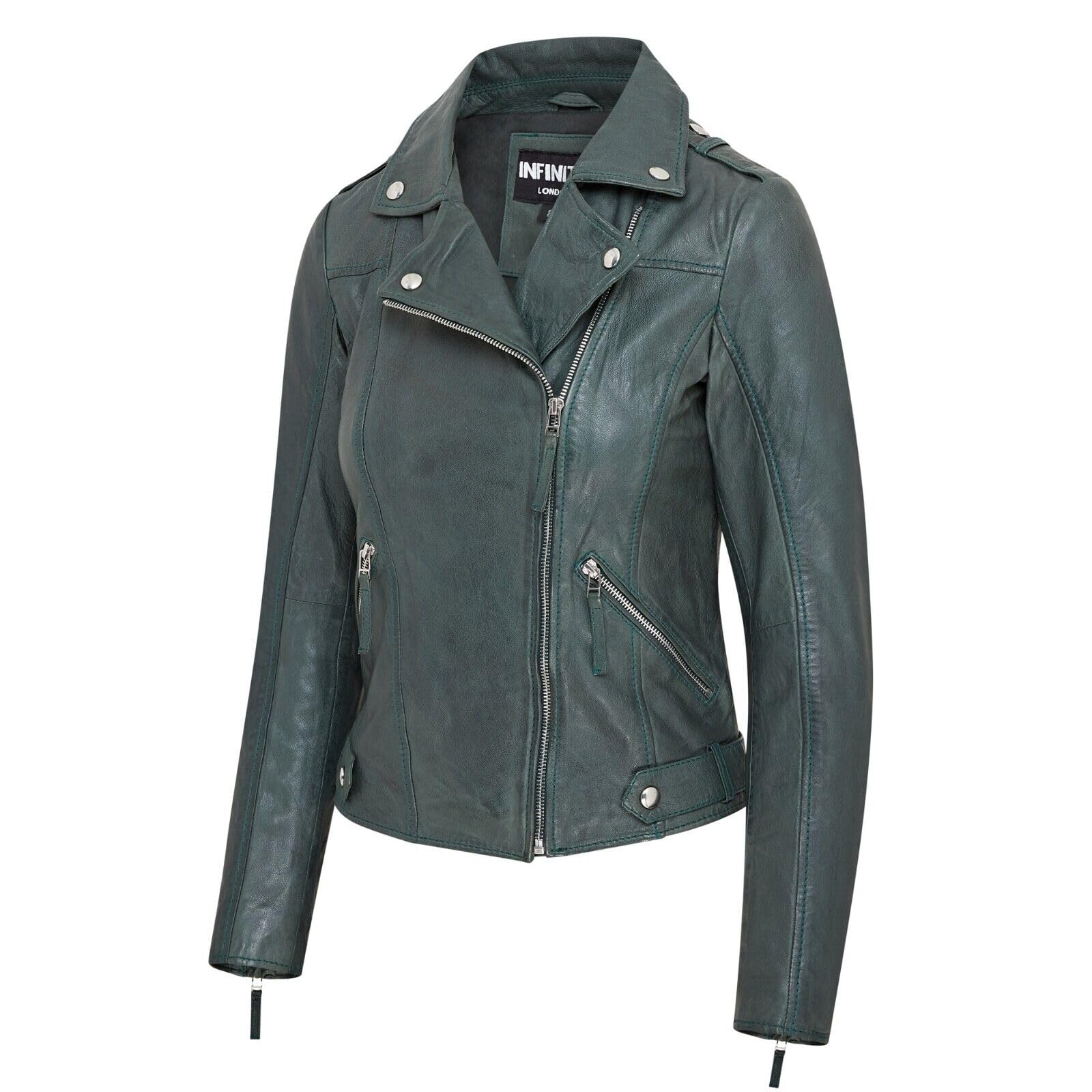 Infinity Leather Chaqueta de Cuero Estilo Motero Brando Verde con Cremallera Clásica Para Mujer