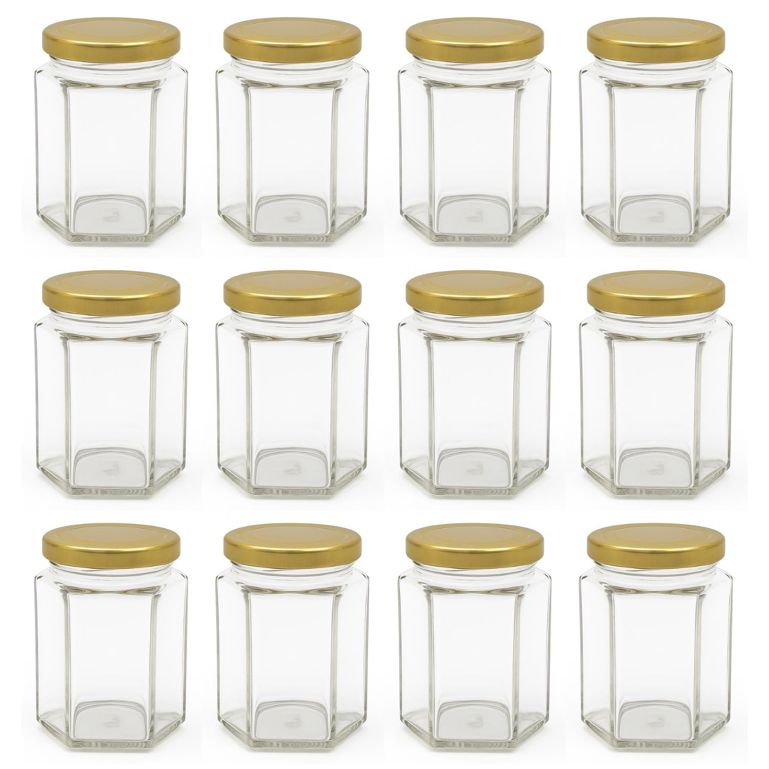 Bramley & Sage 190ml 8oz Hexagonal Jam Jars with Twist-Off Gold Lids (Set of 12)