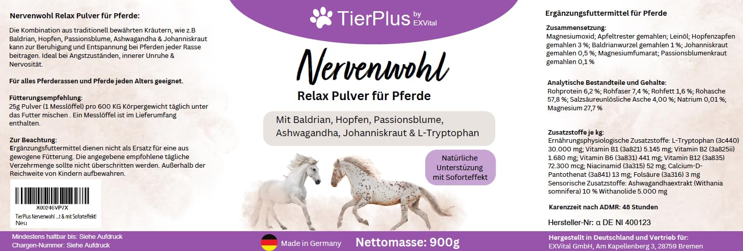 Nervenwohl Relax Pulver für Pferde, mit Mit Baldrian, Hopfen, Leinöl, Passionsblume, Ashwagandha, Johanniskraut & L-Tryptophan, 900g Dose, hochdosiert & mit Soforteffekt!