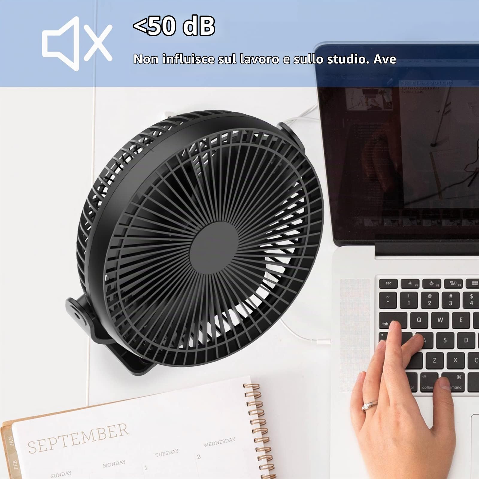 Ventilatore, Ventilatore Pinza, Ventola Della Batteria USB 10000mAh,Ventola Ricaricabile, Ventilatore da Scrivania Silenzioso,3 Velocità, Regolabile 360°, Adatto Per Scrivanie, Auto, Uffici Domestici