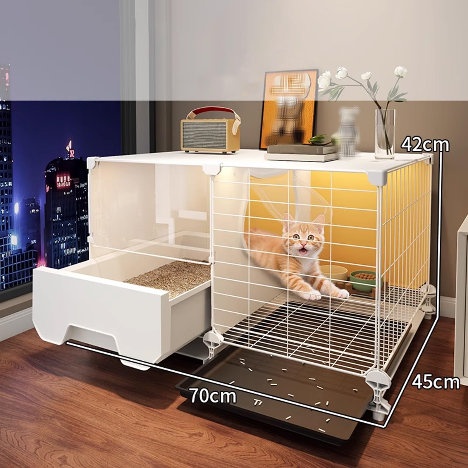 Gabbia per Gatti da Interno con Lettiera, Recinto Multifunzione in Pannelli PP e Rete Metallo, Facile da Pulire per Gatti Conigli Piccoli Animali(70x45x42cm)