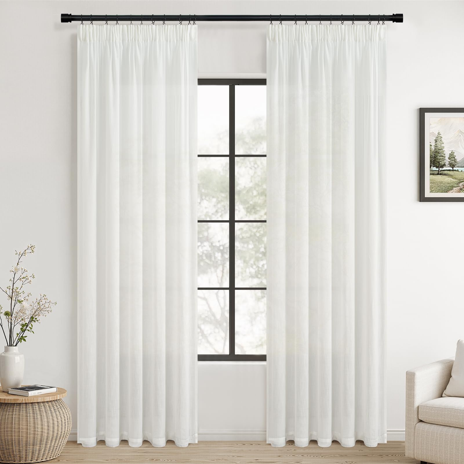Topfinel Leinen Gardinen Vorhänge mit Kräuselband Voile Vorhang Halbtransparent Vorhänge Schlafzimmer Gardinen Wohnzimmer Modern Scheibengardinen 2 Stücke Ösenschal Boho