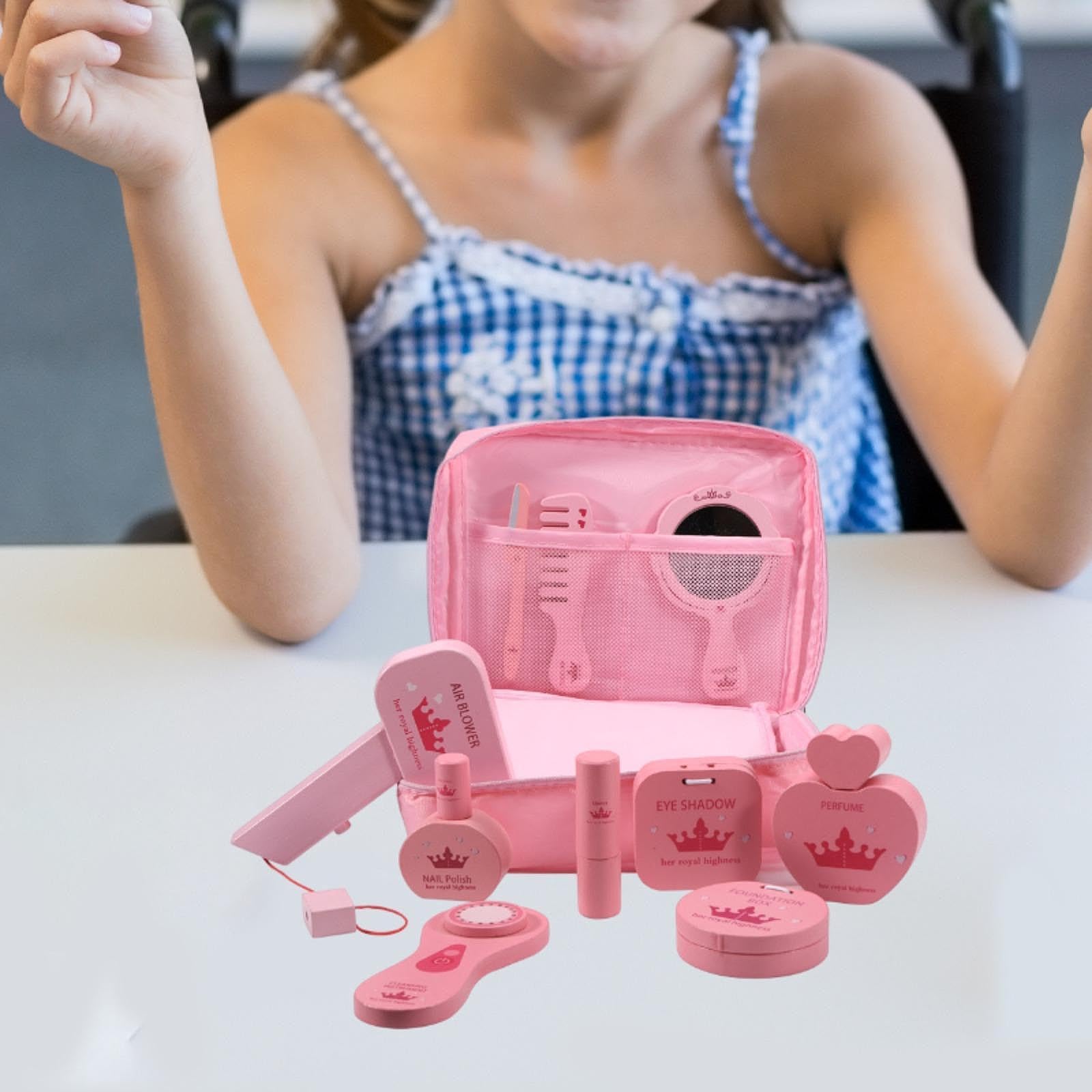 Kit Trucco Finto Bambina 10 Pezzi, Giocattolo Trucco in Legno e Stoffa, Portatile per Gioco di Ruolo