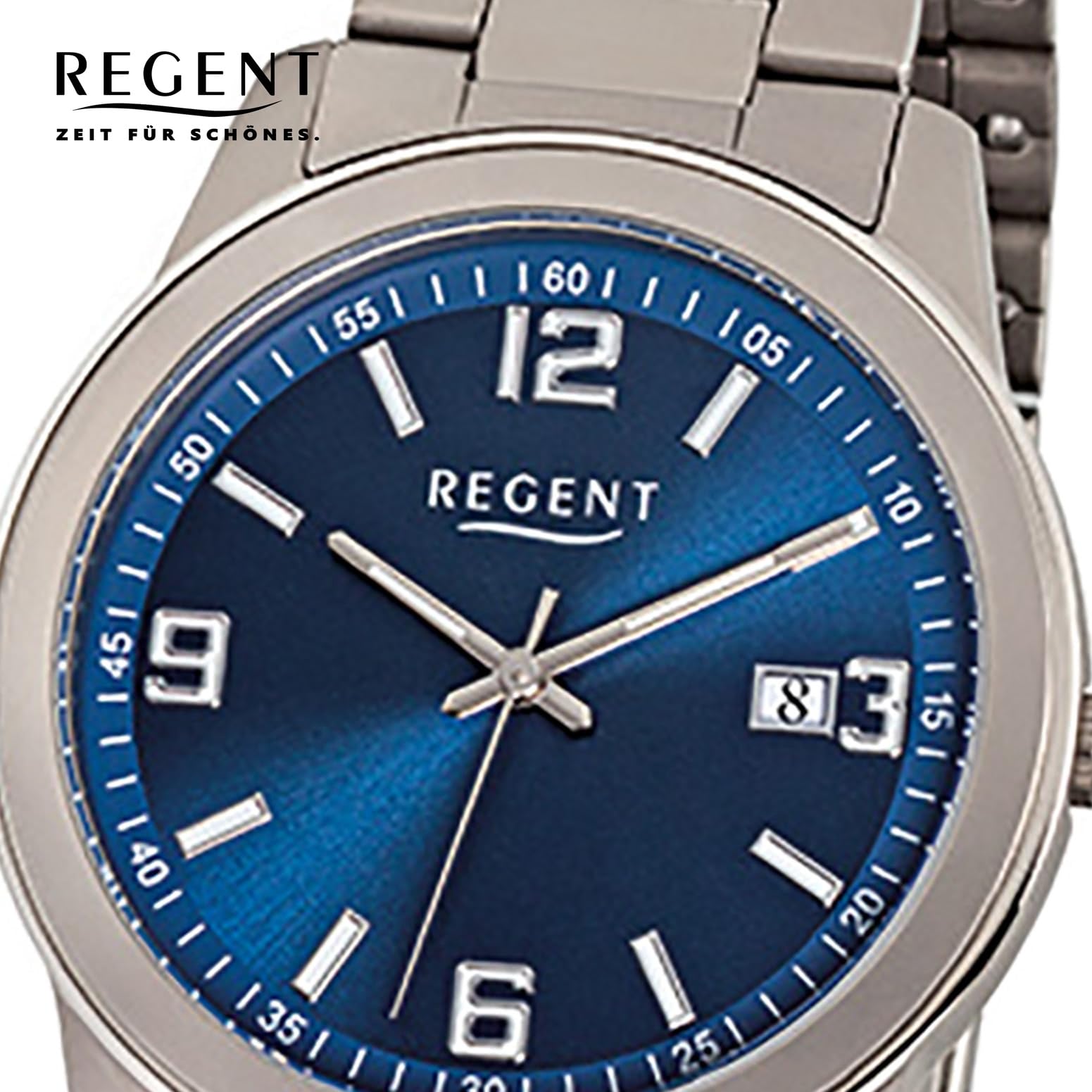 REGENT Herrenuhr mit Titan Glieder Armband und Titan Gehäuse 38 MM Durchmesser Quarz Arabische Zahlen Datum