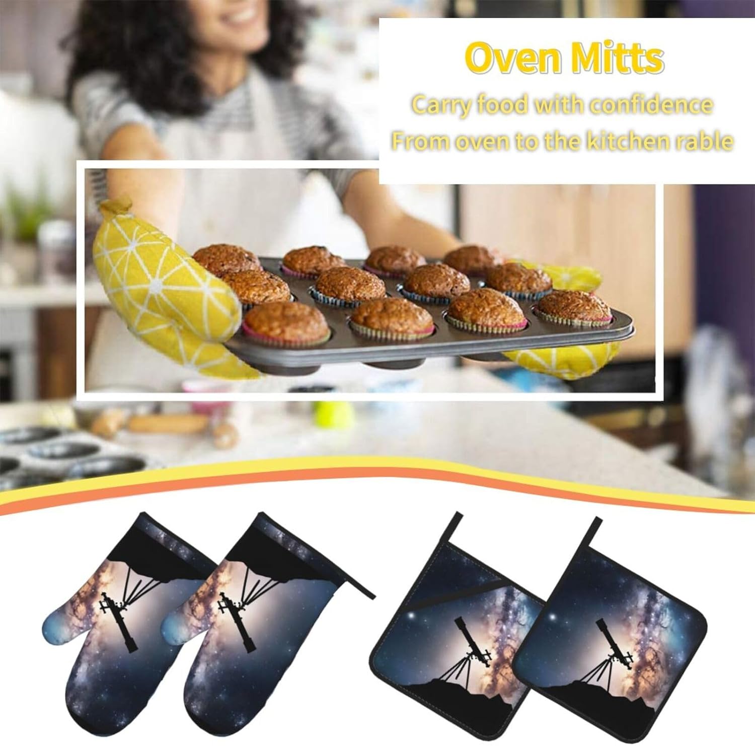 (Space Galaxy with Telescope) Baking 4-Piece Set: 2 Oven Mitts and 2 Pot Holders Heat Resistant Waterproof Hanging Loop for Kitchen Oven Grill Housewarming Gifts
